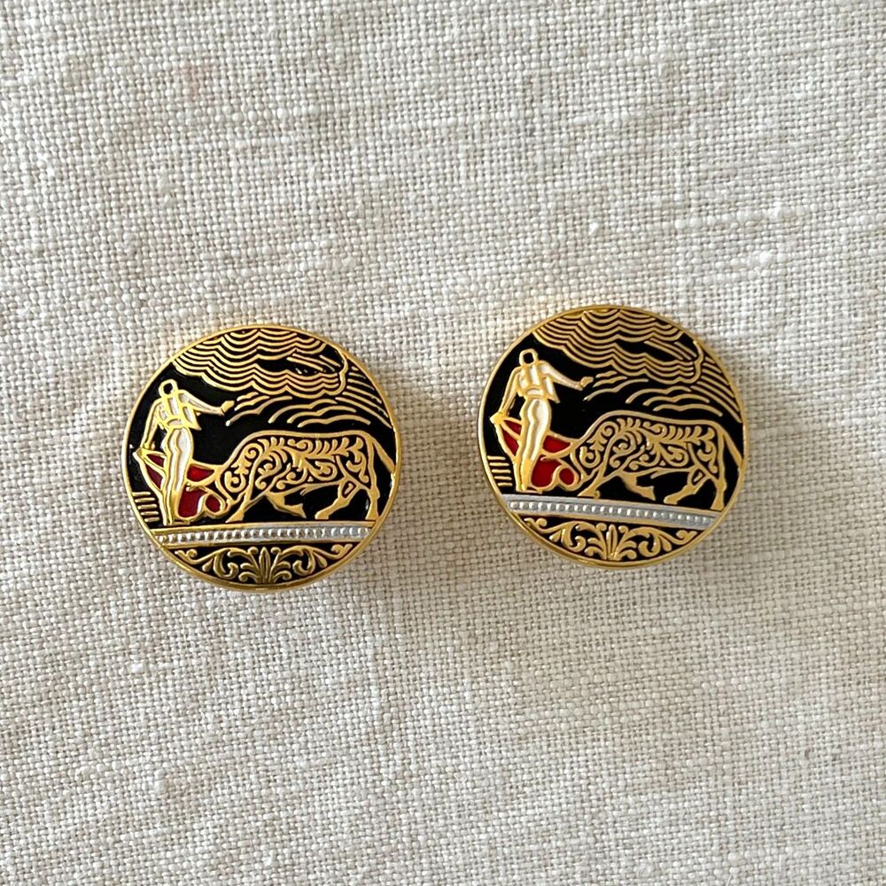 Vintage Spanish Toledo Damascene Clip-On Earrings Matador & Bull Scene Gold Tone